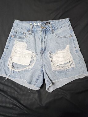 Women’s Light Blue Distressed Denim Shorts - High-Rise Cut